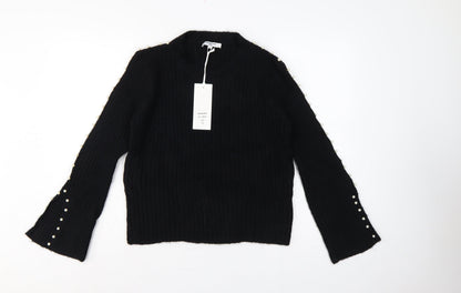 Sweewe Paris Women Black M Pullover Pearl Flared Sleeve Rib Knit Jumper