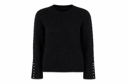 Sweewë Paris Women Black M Pullover Pearl Flared Sleeve Rib Knit Jumper