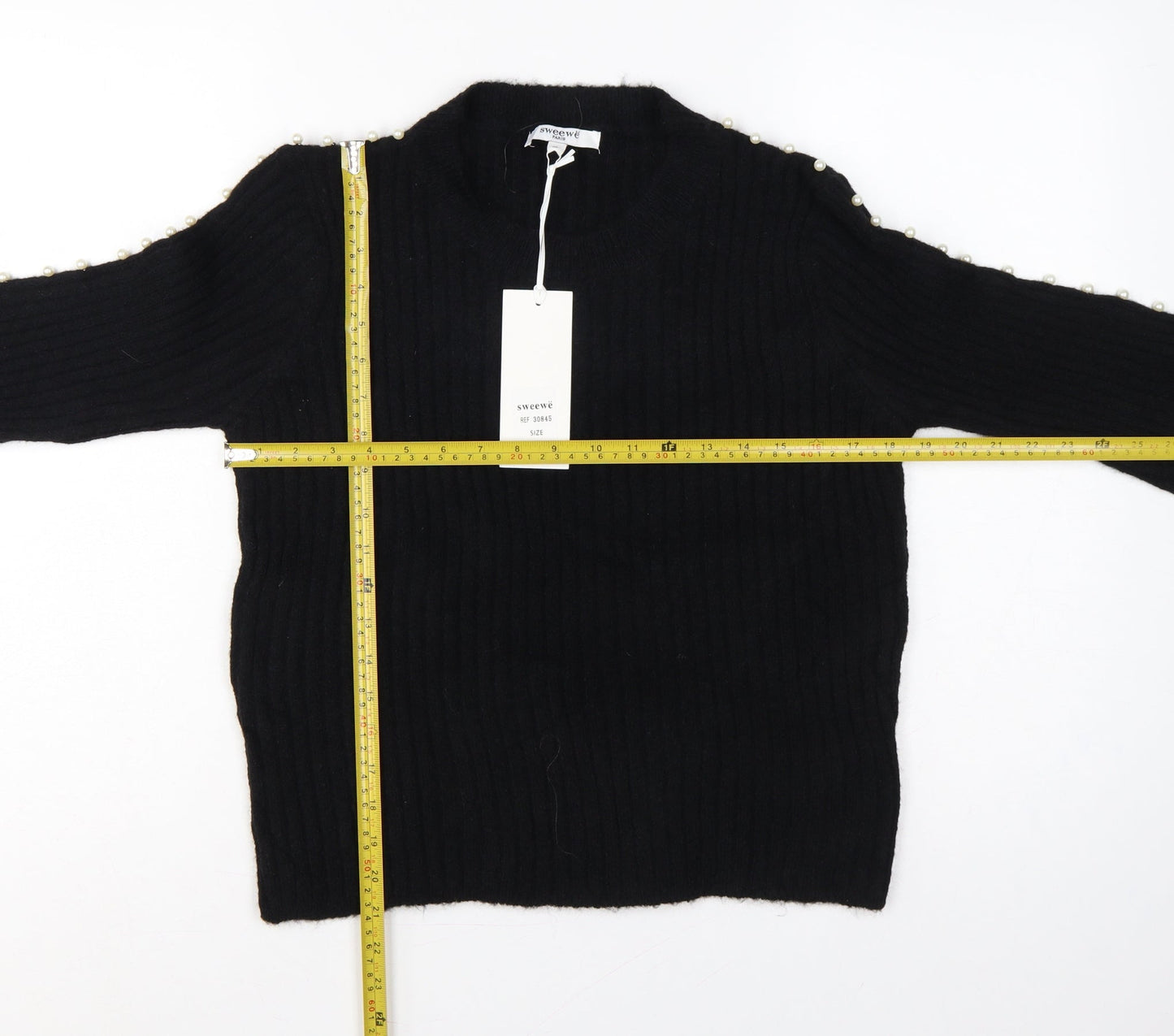 Sweewe Paris Women Black M Pullover Pearl Flared Sleeve Rib Knit Jumper