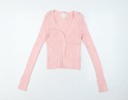 H&M Women Pink Size 8 Rib Knit V-Neck Button Cardigan