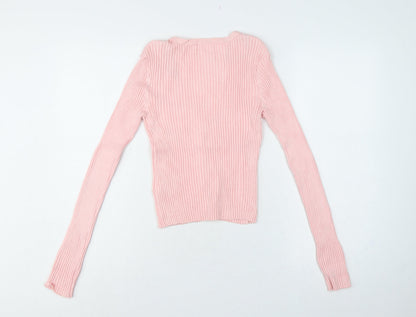 H&M Women Pink Size 8 Rib Knit V-Neck Button Cardigan
