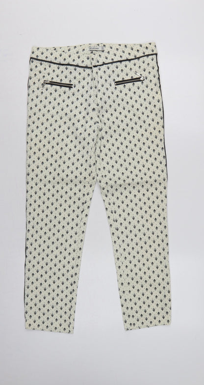Stradivarius Women Ivory UK 10 Slim Straight Floral Zip Trousers
