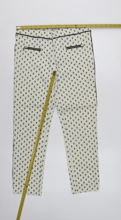Stradivarius Women Ivory UK 10 Slim Straight Floral Zip Trousers