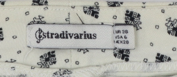 Stradivarius Women Ivory UK 10 Slim Straight Floral Zip Trousers