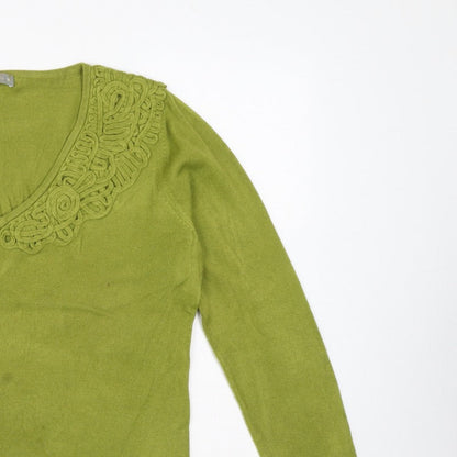 Per Una Women Green Size 18 V-Neck Knit Pullover Crochet Trim