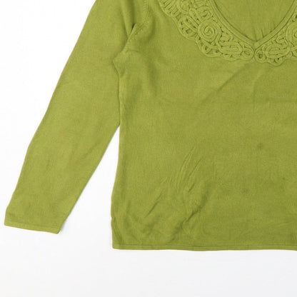 Per Una Women Green Size 18 V-Neck Knit Pullover Crochet Trim