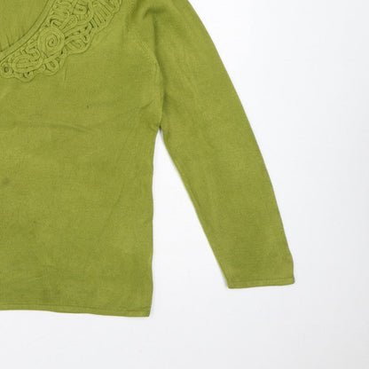 Per Una Women Green Size 18 V-Neck Knit Pullover Crochet Trim