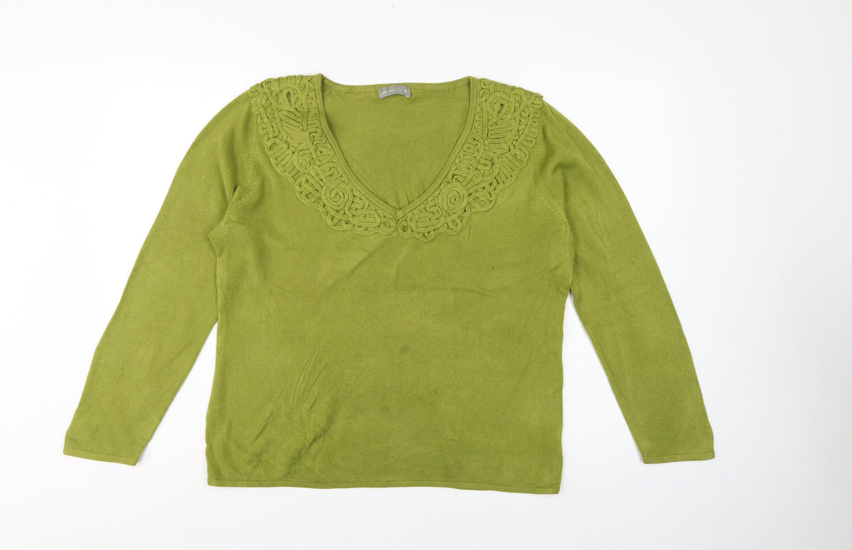Per Una Women Green Size 18 V-Neck Knit Pullover Crochet Trim