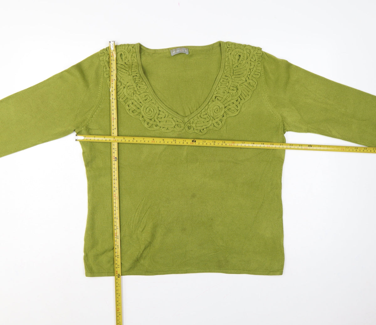 Per Una Women Green Size 18 V-Neck Knit Pullover Crochet Trim