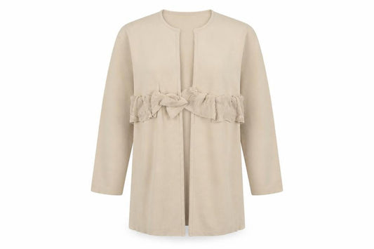 Paisie Women Beige L Open Ruffle Longline Viscose Cardigan