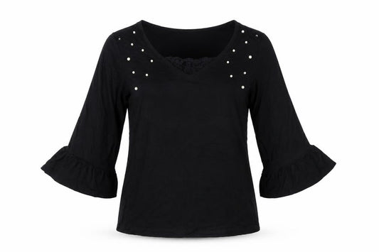 Promod Women Black L Basic Pearl V-Neck Bell Sleeve Blouse