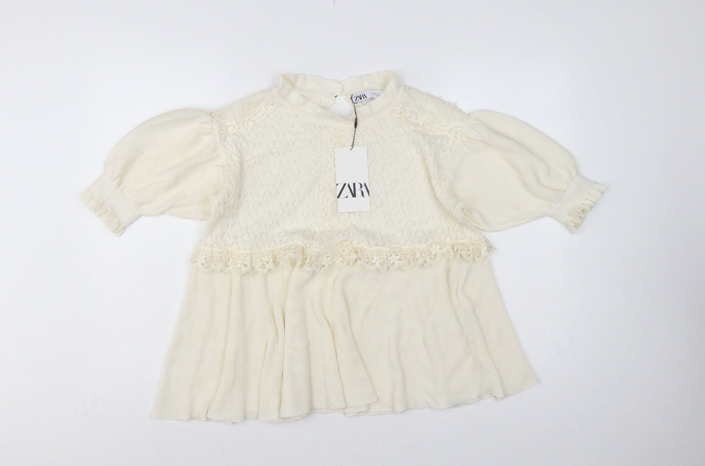 Zara Women Ivory UK 12 Ruffle Lace Knit Puff Sleeve Tunic Jumper