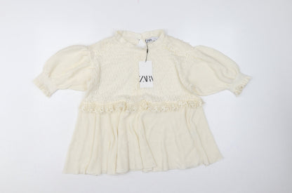 Zara Women Ivory UK 12 Ruffle Lace Knit Puff Sleeve Tunic Jumper