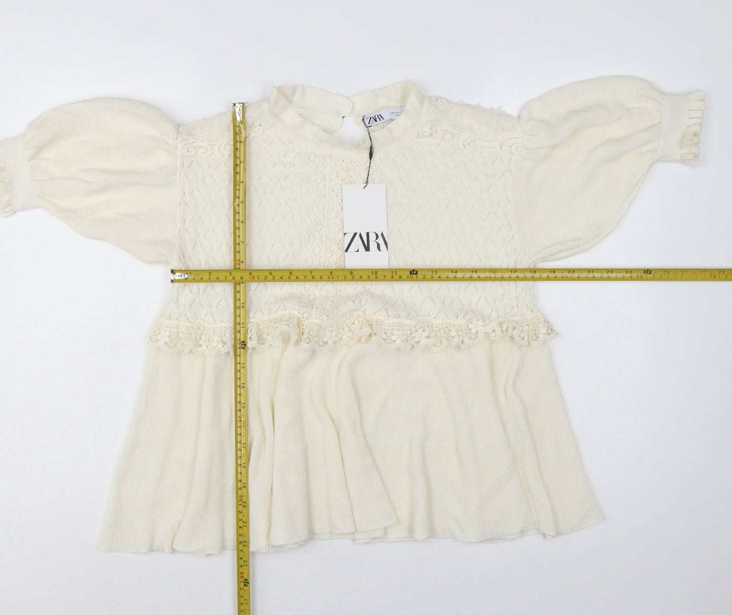 Zara Women Ivory UK 12 Ruffle Lace Knit Puff Sleeve Tunic Jumper