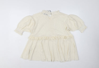 Zara Women Ivory UK 12 Ruffle Lace Knit Puff Sleeve Tunic Jumper