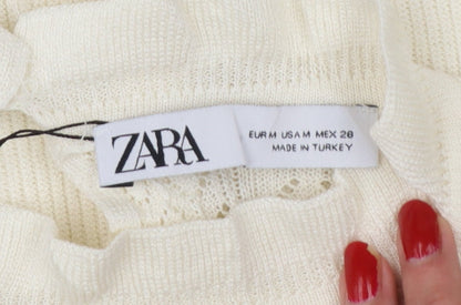 Zara Women Ivory UK 12 Ruffle Lace Knit Puff Sleeve Tunic Jumper