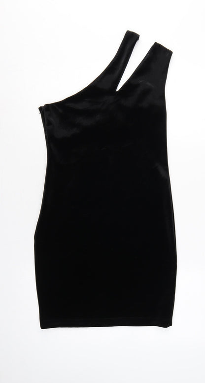 Topshop Women Black UK 10 Velvet One Shoulder Bodycon Mini Dress