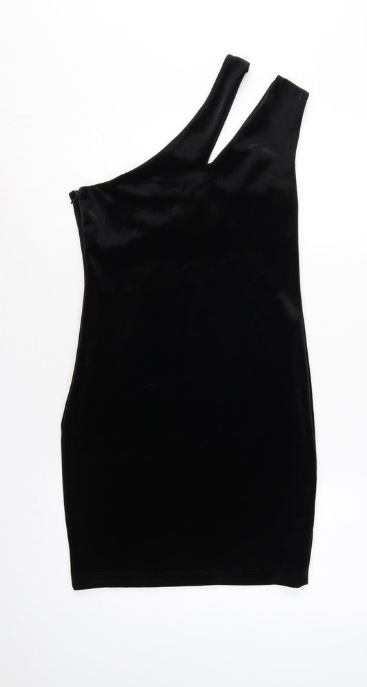 Topshop Women Black UK 10 Velvet One Shoulder Bodycon Mini Dress