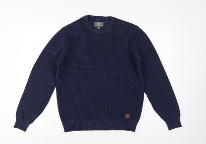 Fynch-Hatton Men’s Blue M Ribbed Wool Cotton Crew Neck Pullover Jumper