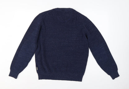 Fynch-Hatton Men’s Blue M Ribbed Wool Cotton Crew Neck Pullover Jumper
