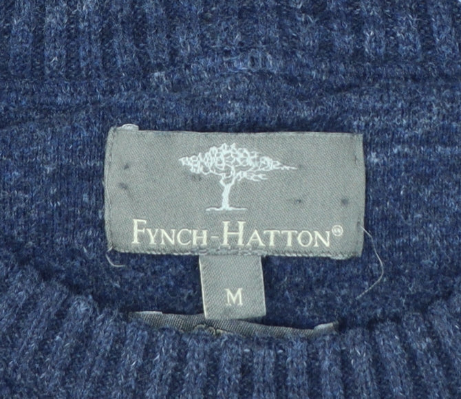 Fynch-Hatton Men’s Blue M Ribbed Wool Cotton Crew Neck Pullover Jumper