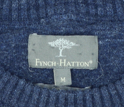 Fynch-Hatton Men’s Blue M Ribbed Wool Cotton Crew Neck Pullover Jumper