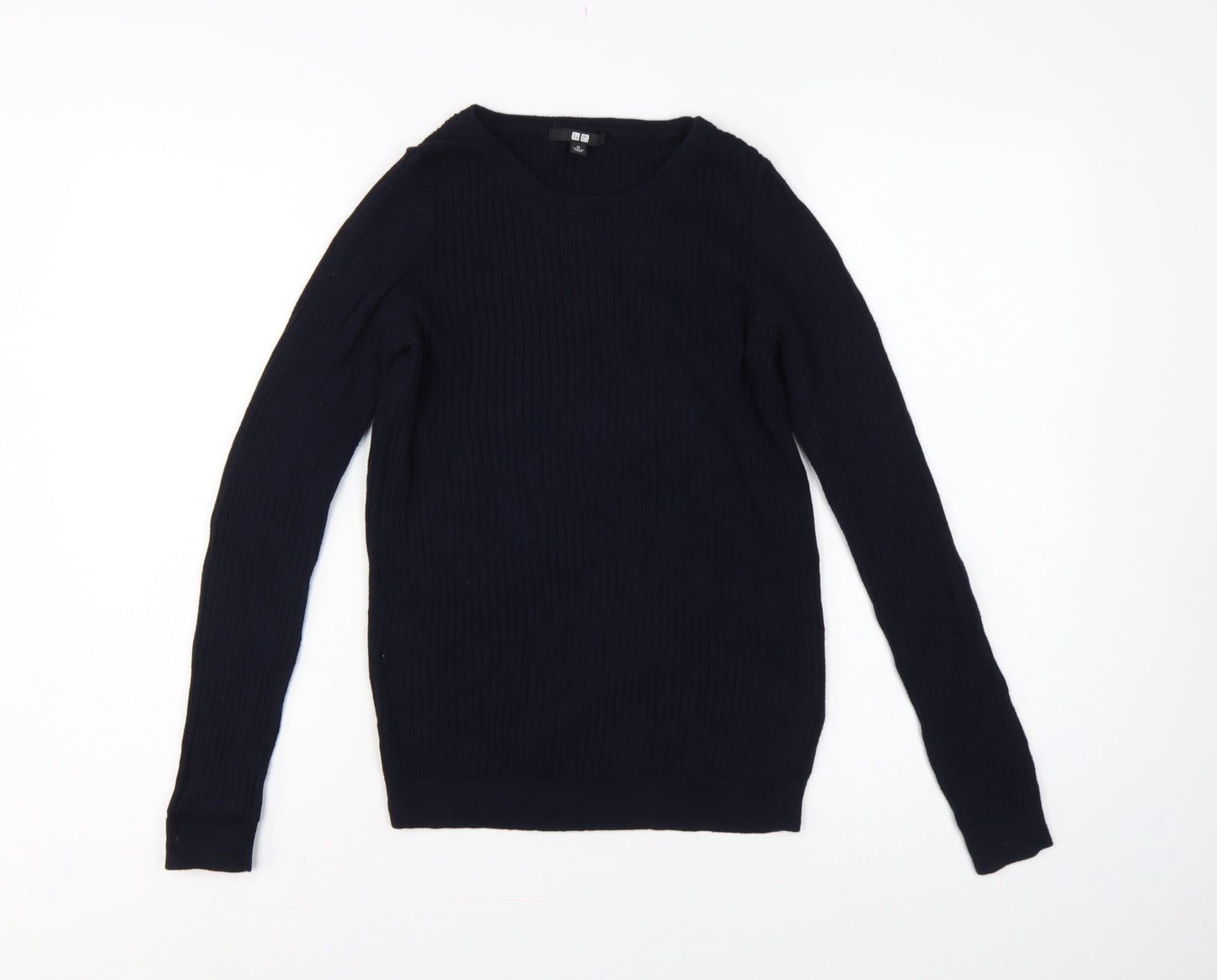 Uniqlo Women’s Navy Blue M Cotton Cashmere Ribbed Crew Neck Pullover Jumper