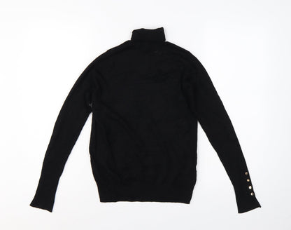 Zara Women Black S Roll Neck Knit Pullover Jumper Gold Button Cuffs