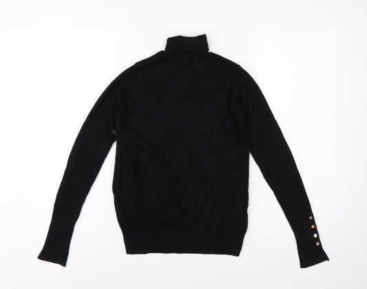 Zara Women Black S Roll Neck Knit Pullover Jumper Gold Button Cuffs