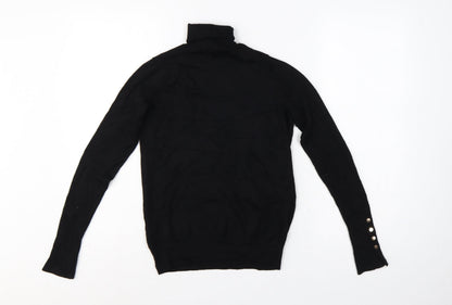 Zara Women Black S Roll Neck Knit Pullover Jumper Gold Button Cuffs