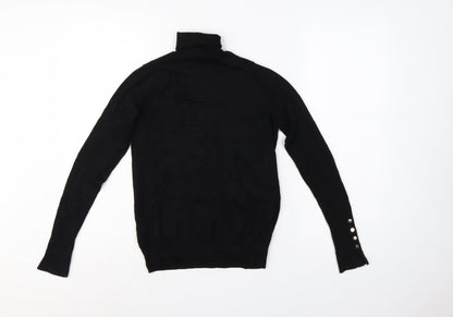 Zara Women Black S Roll Neck Knit Pullover Jumper Gold Button Cuffs