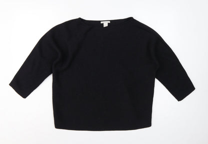 H&M Women Black L Relaxed Crew Neck 3/4 Sleeve Knit Jumper