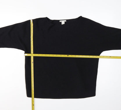 H&M Women Black L Relaxed Crew Neck 3/4 Sleeve Knit Jumper