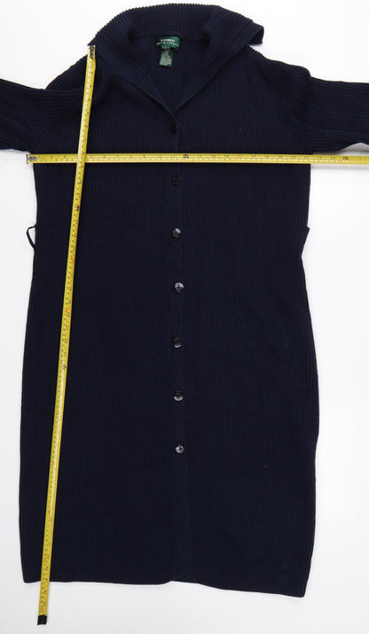 Lauren Ralph Lauren Women Blue L Hooded Long Rib Knit Cotton Cardigan