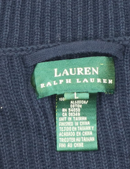 Lauren Ralph Lauren Women Blue L Hooded Long Rib Knit Cotton Cardigan