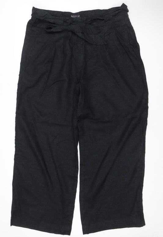 Marks & Spencer Women Black UK 18 Linen Cotton Wide-Leg Trousers