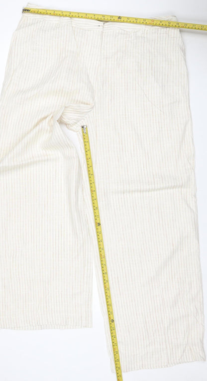 Marks and Spencer Women Ivory Stripe Linen Wide-Leg Trousers UK 18