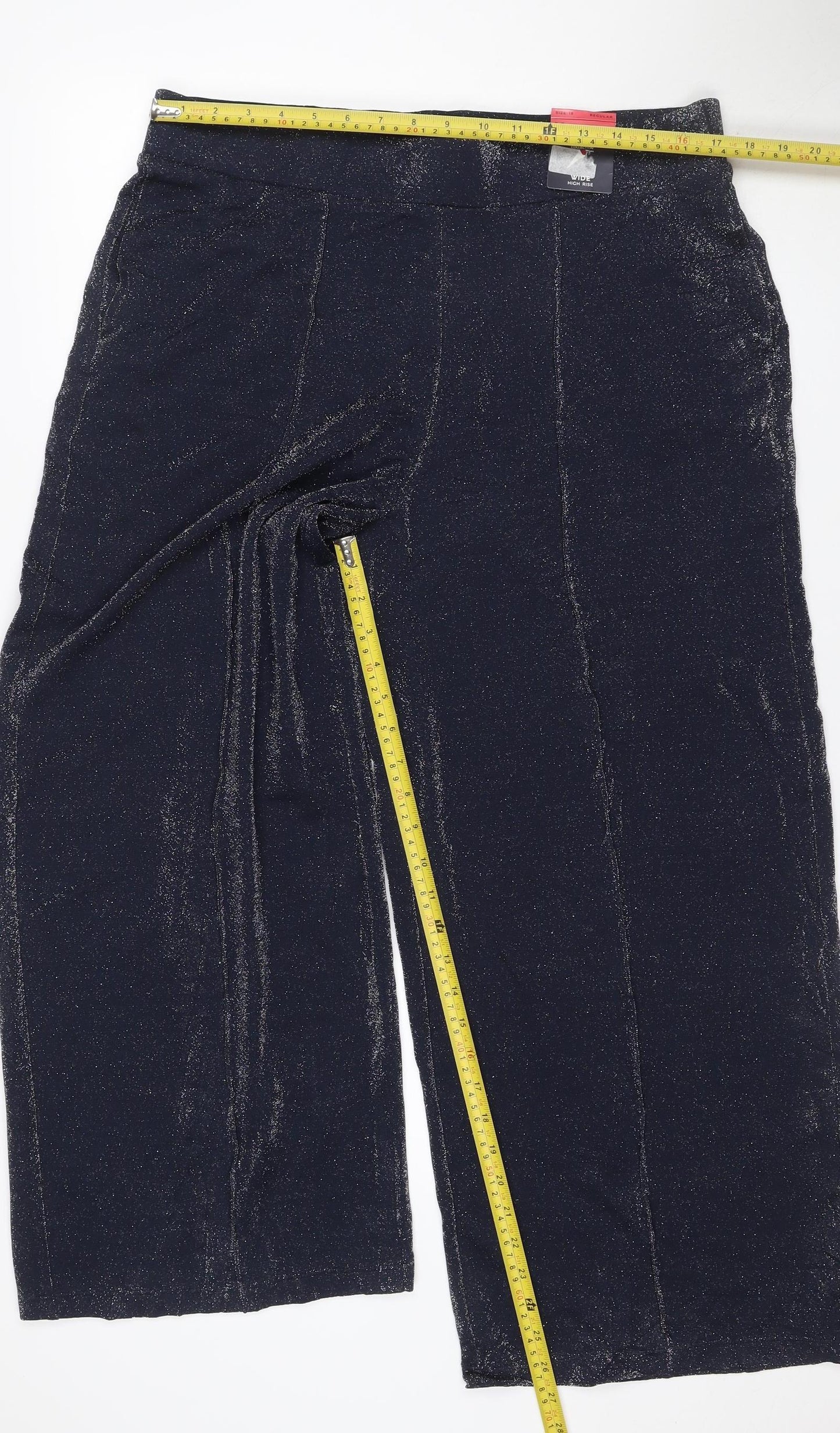 Marks and Spencer Women Black Glitter High Rise Wide-Leg Trousers UK 18