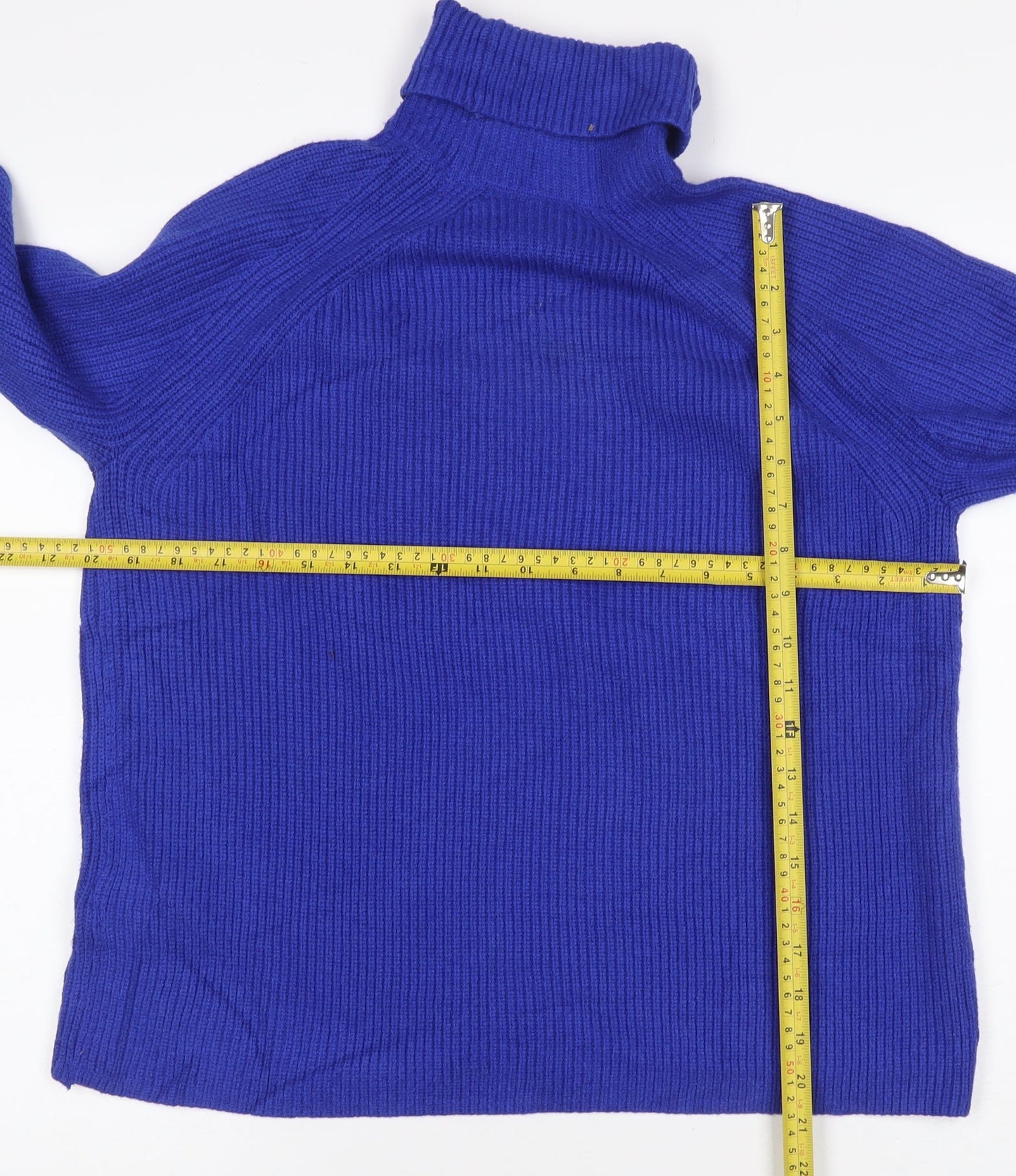 M&S Womens Blue M Roll Neck Cable Knit Raglan Jumper