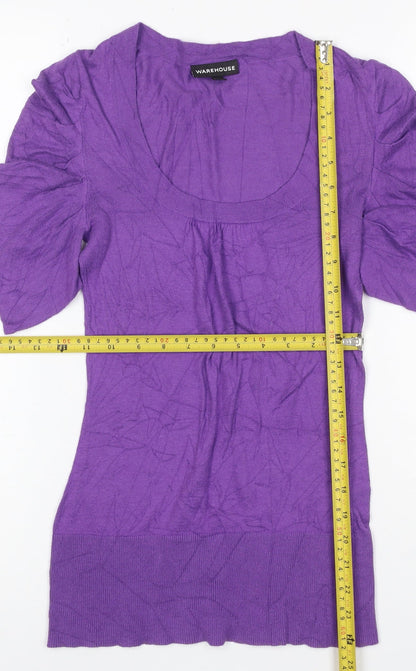 Warehouse Women Purple UK 8 Knit Scoop Neck Puff Sleeve Top