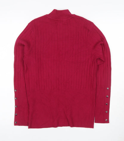 M&S Womens Red UK 10 Ribbed Roll Neck Button Hem Knit Jumper