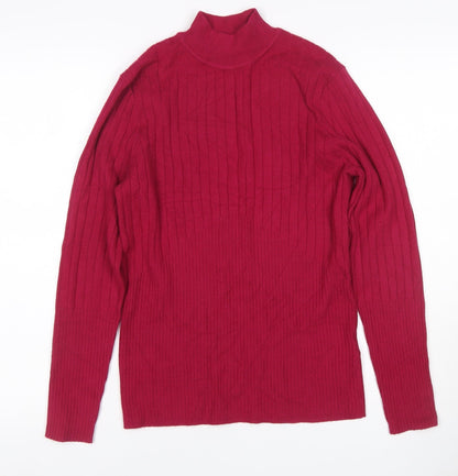 M&S Womens Red UK 10 Ribbed Roll Neck Button Hem Knit Jumper