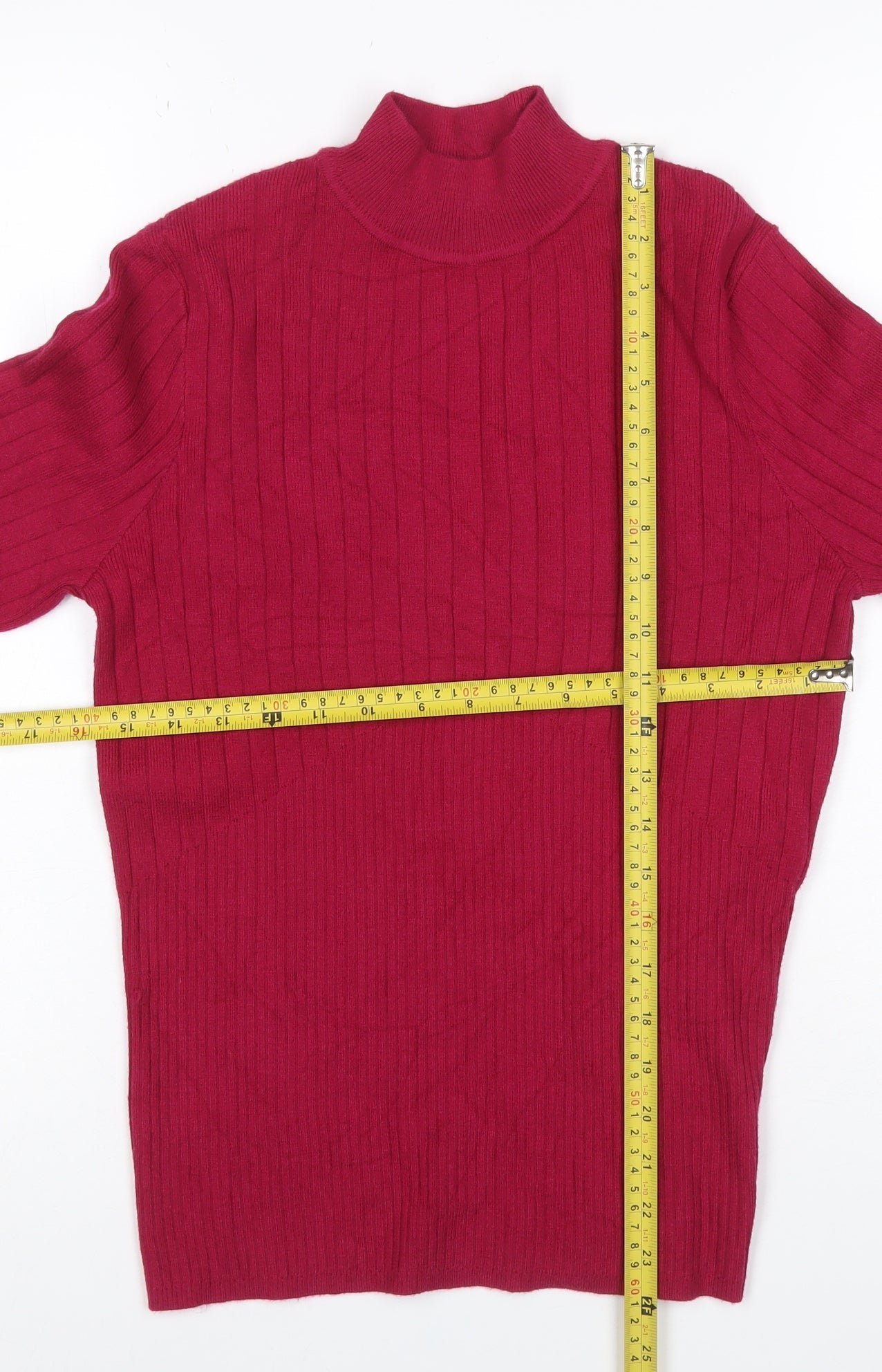 M&S Womens Red UK 10 Ribbed Roll Neck Button Hem Knit Jumper