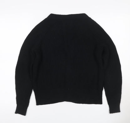 Pure Collection Women Black UK 10 Rib Knit V-Neck Wool Blend Cardigan
