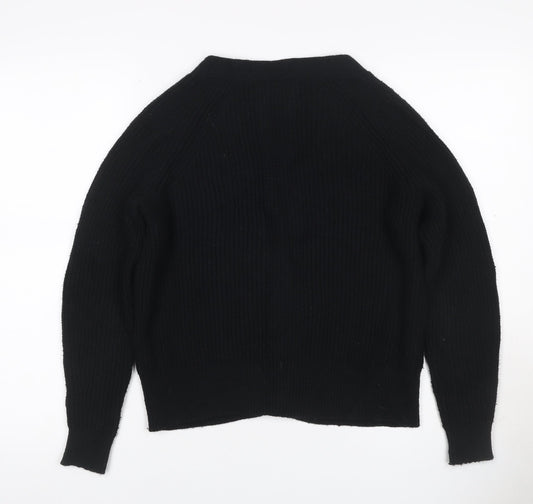 Pure Collection Women Black UK 10 Rib Knit V-Neck Wool Blend Cardigan
