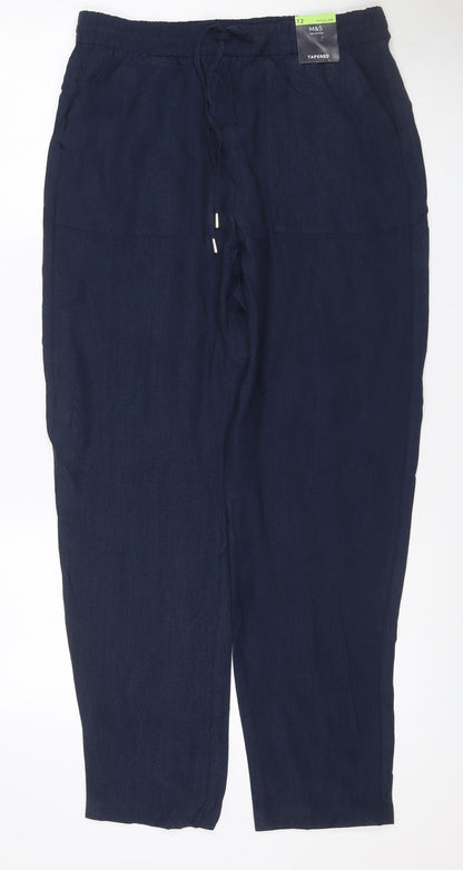 Marks & Spencer Women's Navy Blue UK 12 Regular Tapered Lyocell Trousers