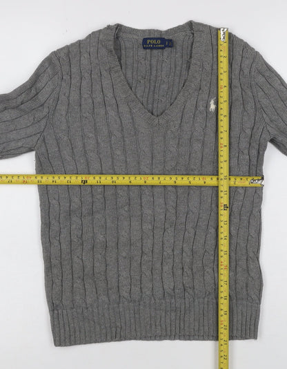 Polo Ralph Lauren Women Grey S Cable Knit V-Neck Cotton Jumper