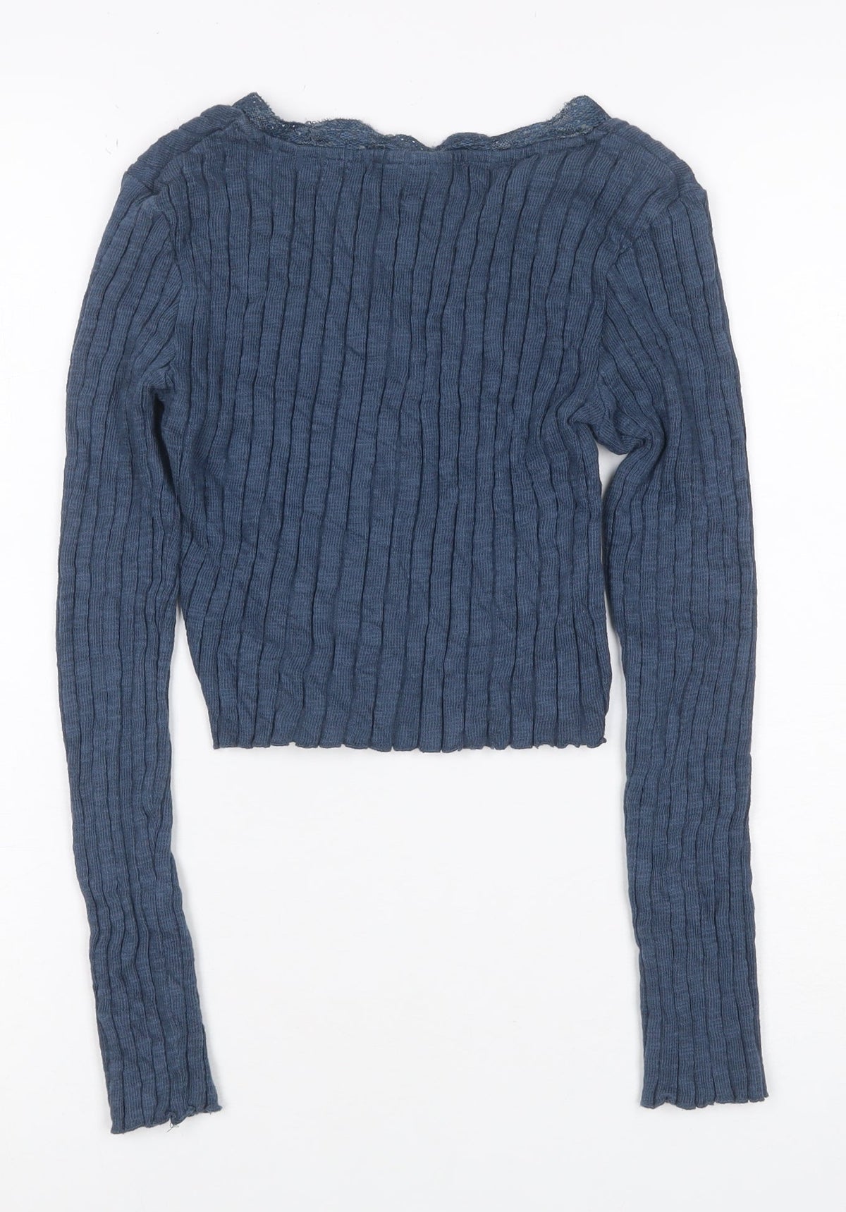 Topshop Women Blue UK 8 Rib Knit Lace Trim V-Neck Button Cardigan