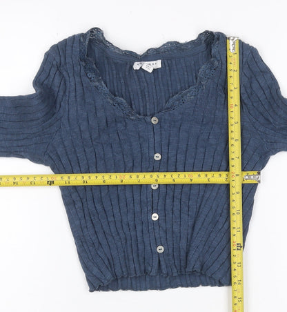 Topshop Women Blue UK 8 Rib Knit Lace Trim V-Neck Button Cardigan