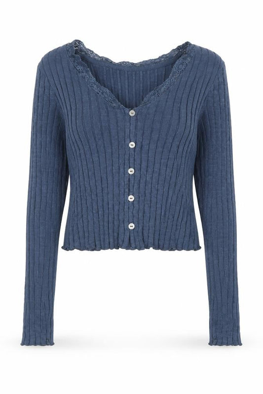 Topshop Women Blue UK 8 Rib Knit Lace Trim V-Neck Button Cardigan